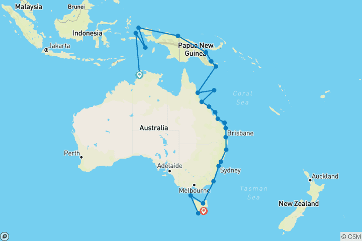 Carte du circuit Voyage ultime : Indonésie, Whitsundays et Tasmanie