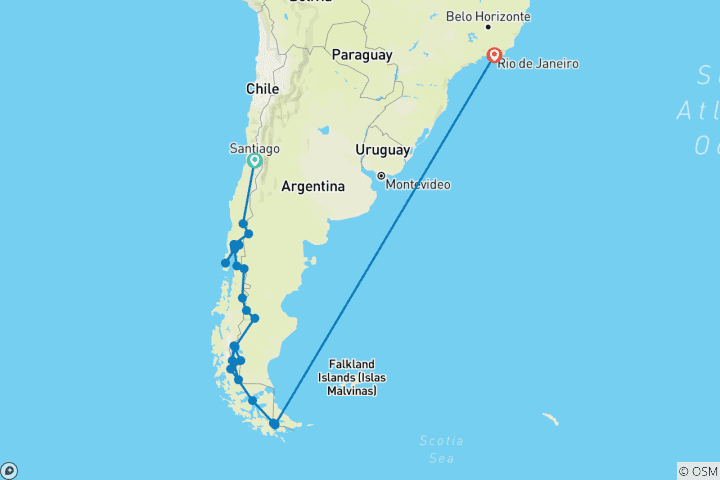 Carte du circuit Patagonie Overland : De Santiago à Ushuaia avec le Carnaval de Rio