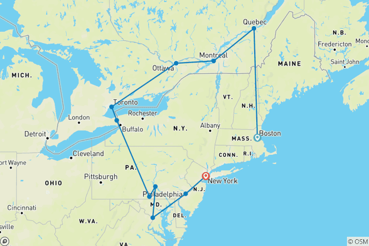 Map of Boston, Niagara Falls, Montreal & New York - 9 days