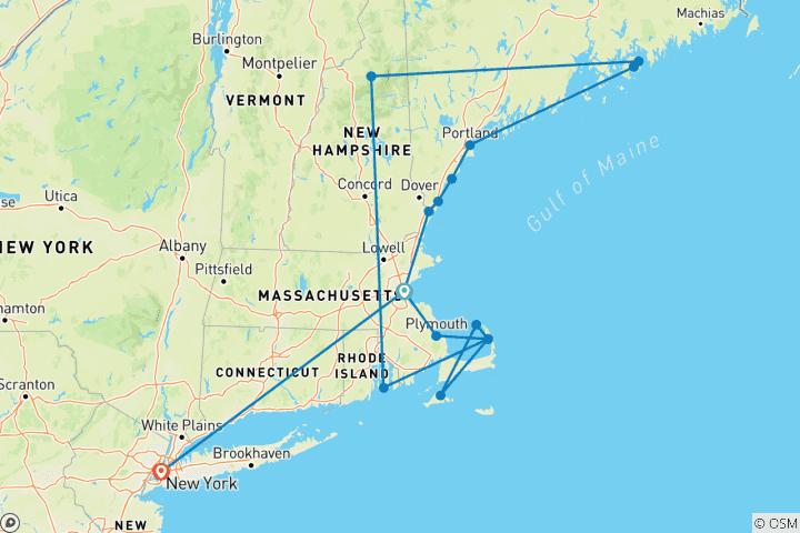 Carte du circuit Nouvelle-Angleterre, Montagnes blanches, Cape Cod et New York - 12 jours