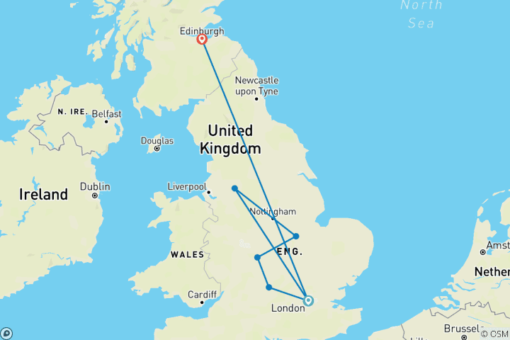 Carte du circuit 14 jours de Londres à Édimbourg en train : Les palais, le football et Harry Potter en vedette
