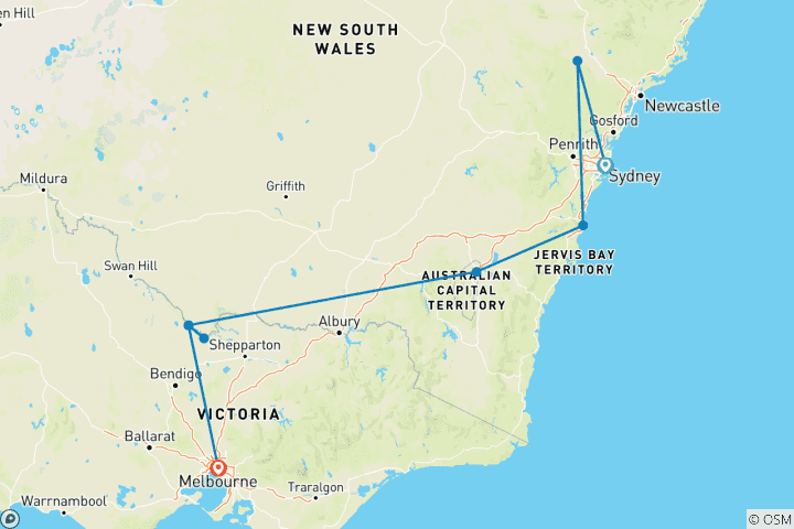Mapa de Lo más destacado del valle Hunter y el río Murray Sídney → Melbourne (2027)
