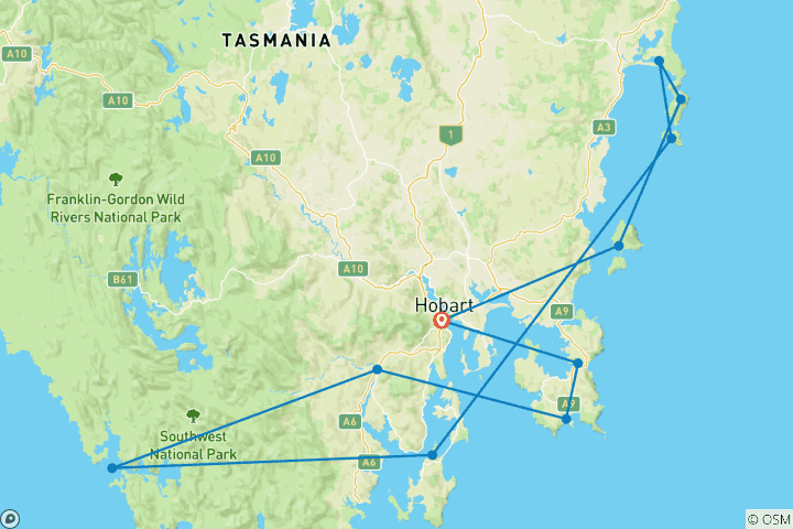 Carte du circuit Découverte de la côte tasmanienne Hobart → Hobart (2028)