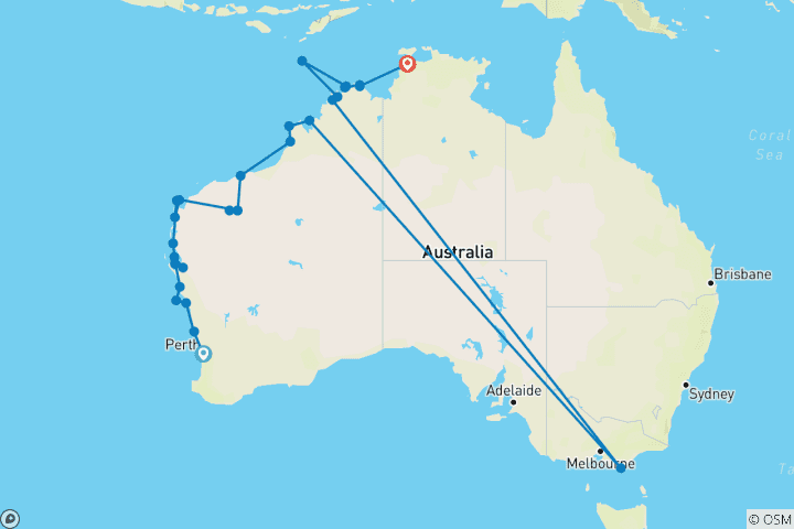 Karte von West Coast EEntdecker mit Kimberley Coastal Expedition Perth → Darwin (2027)