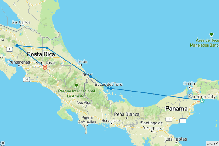 Kaart van Panama en Costa Rica: Caribische kusten, regenwouden en vulkanen (verschillende districten)