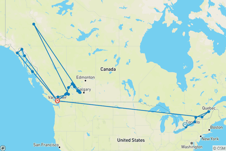 Map of Explore East and West with Alaska Cruise Toronto → Vancouver (2027)
