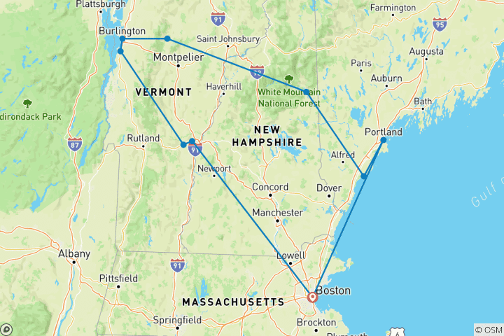 Carte du circuit Colors of New England (de Boston, MA à Portland, ME) (2027)