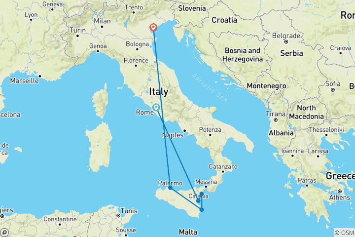 Carte du circuit Découvrez l'Italie : Rome antique, charme sicilien et romantisme vénitien avec séjour 4 étoiles, repas et dégustation de vins.