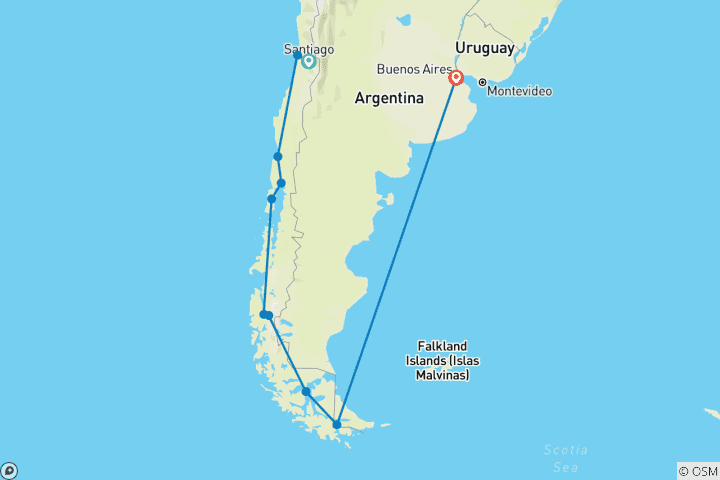 Karte von Chilenische Fjorde & die Gletscher des Beagle-Kanals 2028 (von Santiago bis Buenos Aires)