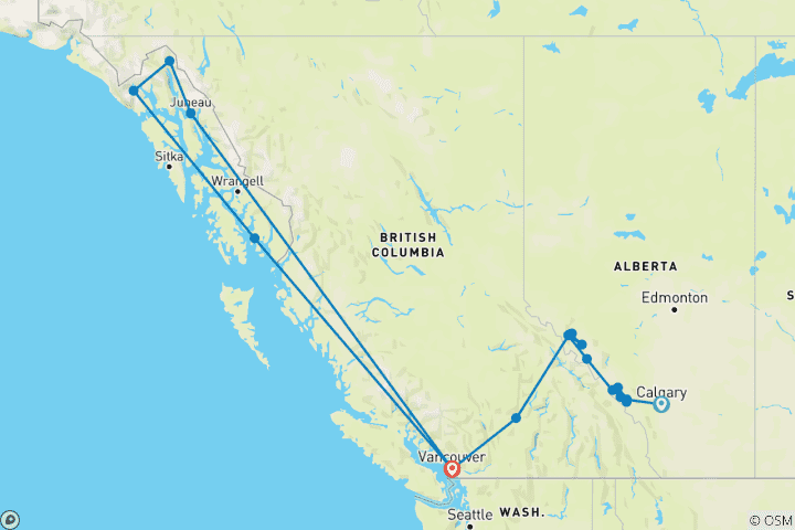 Mapa de Crucero Majestic Rocosas y Alaska 2027 - 16 Días (20 destinations)