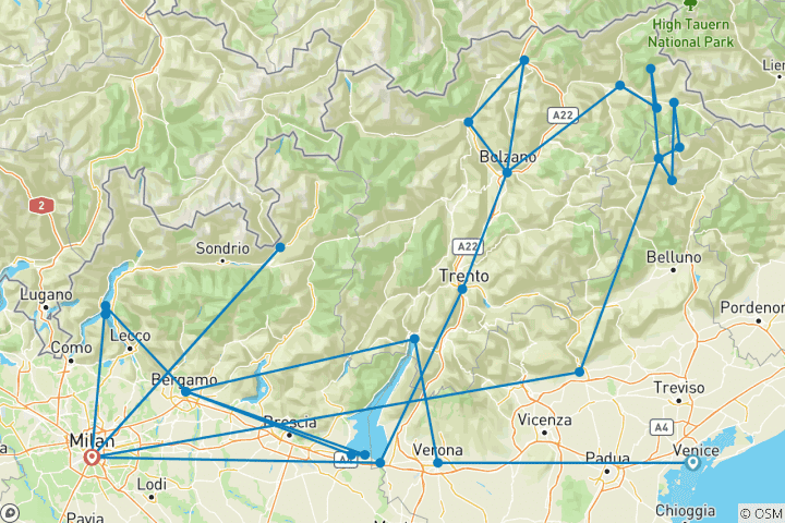 Carte du circuit Lacs italiens et merveilles alpines : Venise, Milan, le lac de Côme et les Dolomites (13 jours)