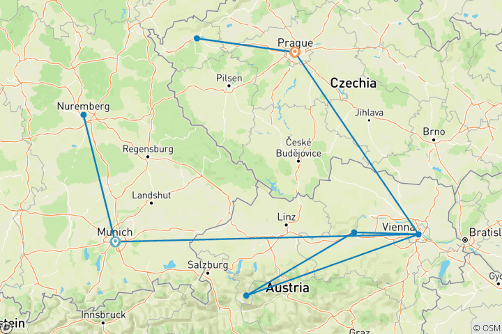 Mapa de 7 días en tren por Múnich, Viena y Praga: Castillos, cultura y escapadas panorámicas