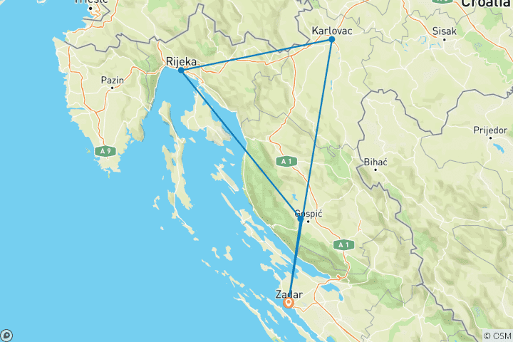 Kaart van Vanuit Zadar: 4-daagse rondreis door Centraal-Kroatië. Bezoek Senj, Rijeka, Karlovac en Ogulin. Pittoreske landschappen. Historische kastelen. Middeleeuwse bestemmingen en bestemmingen aan de kust. Volop geschiedenis en architectuur. Culturele fusie…