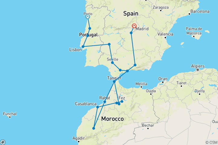 Carte du circuit 17 jours - Porto, Andalousie et Maroc