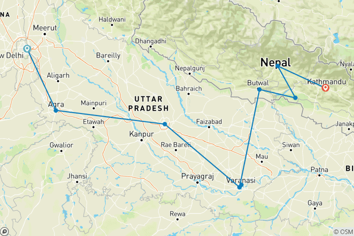 Karte von Rundreise - Indien & Nepal im Einzelzimmer (inkl Flug)