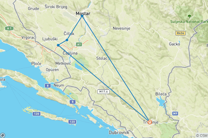 Mapa de Desde Trebinje: Excursión cultural en profundidad de 2 días por Bosnia. Visita Medjugorje. Sitios de la UNESCO, monasterios históricos y fortalezas medievales. Impresionantes paisajes. Legado del Imperio Otomano. Inmersión cultural. Puentes de piedr…