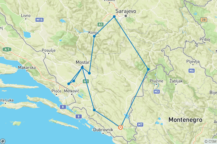 Map of From Trebinje: Bosnia in-depth cultural 5-day tour. Explore UNESCO sites, medieval fortresses and historic monasteries. Stunning landscapes. Plenty of Ottoman Empire legacy. Cultural immersion. Stone bridges. Exceptional cuisine. Unforgettable wines.