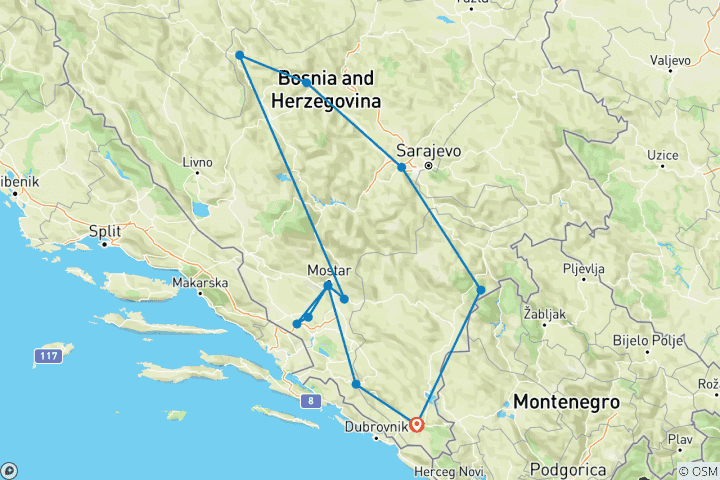 Map of From Trebinje: Bosnia in-depth cultural 7-day tour. Cultural immersion. Explore UNESCO sites, historic monasteries, and medieval fortresses. Stunning landscapes and plenty of Ottoman Empire legacy. Enjoy exceptional cuisine. Unforgettable wines.