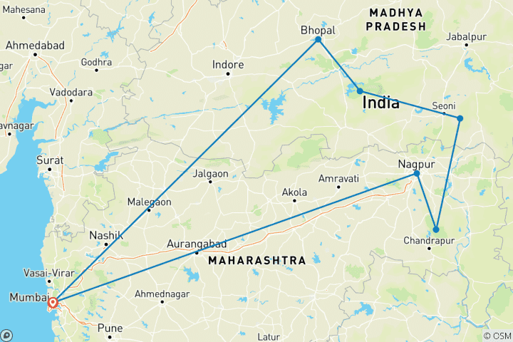 Kaart van Tijger- en erfgoedtour door Centraal-India