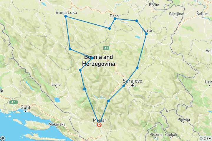 Karte von 10-tägige, umfassende Kulturreise durch Bosnien ab Mostar. Besichtigen Sie mittelalterliche Festungen. Genießen Sie spektakuläre Berge, glitzernde Flüsse und atemberaubende Landschaften. Zahlreiche Zeugnisse des Osmanischen Reiches. Viel Kultur, Ges…