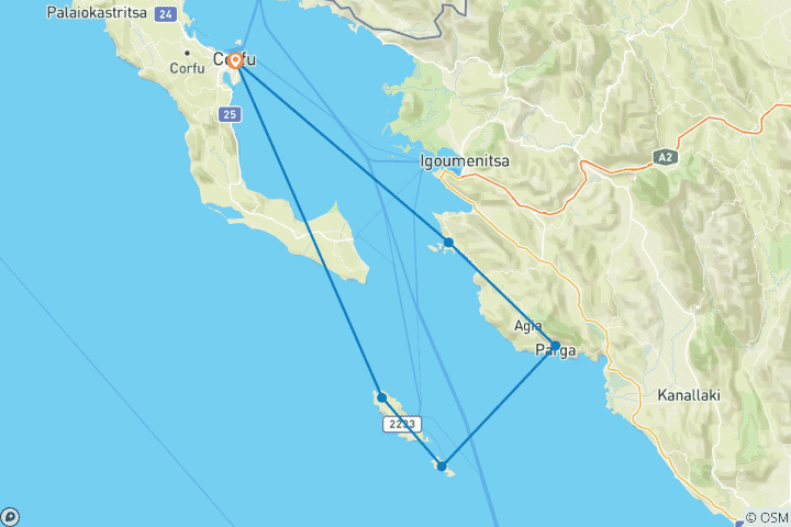 Map of 8-Day Northern Ionian Island Gulet Adventure - Corfu, Sivota, Parga, Antipaxos, Paxos