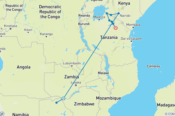 Carte du circuit 12 jours - Chutes Victoria - Chobe - Masai Mara et Serengeti