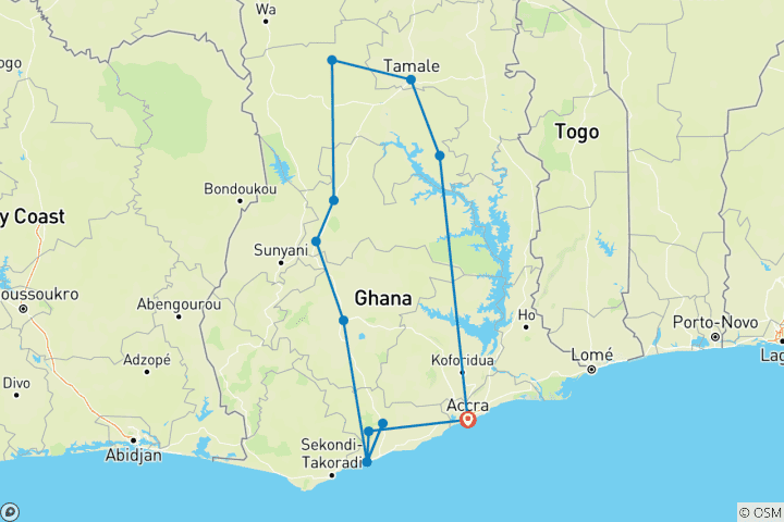 Carte du circuit Festival historique panafricain (PANAFEST) 2027 : circuit au Ghana, 12 jours (du 24 juillet au 4 août 2027)