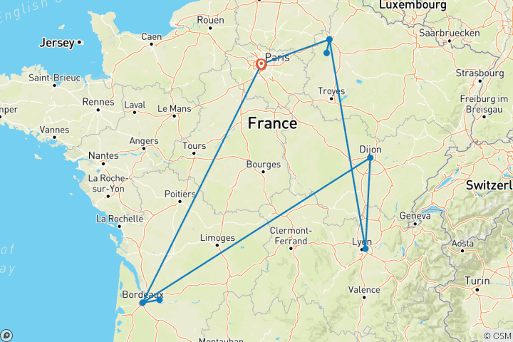 Carte du circuit Bordeaux, Bourgogne et Champagne