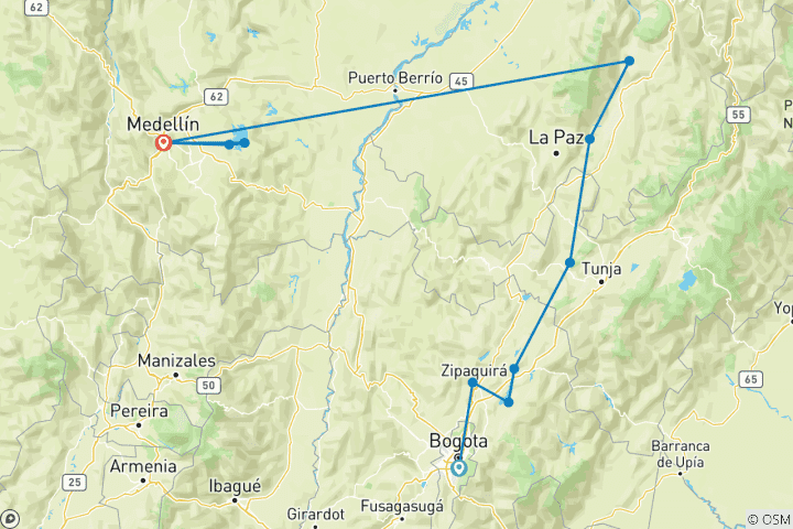 Map of Cycle tour through Colombia