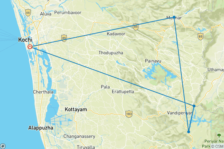 Kaart van Munnar en Kerala Wildlife Tour