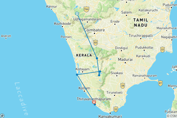 Carte du circuit Expérience des merveilles du Kerala