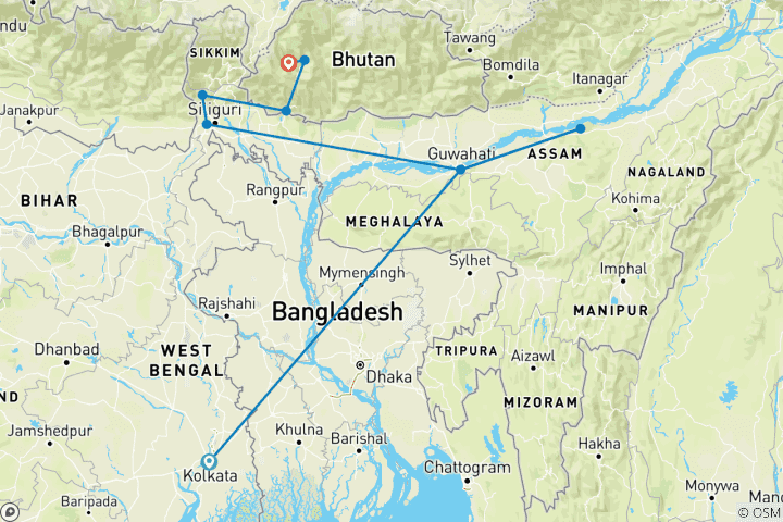Map of Kolkata, Kaziranga & Bhutan Experience