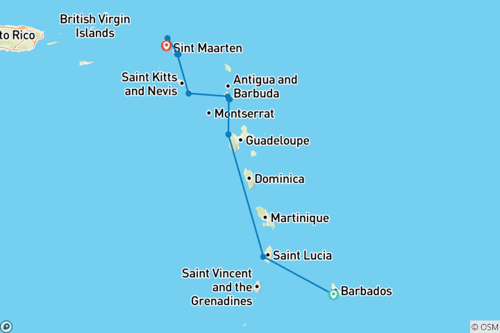Carte du circuit Caraïbes orientales avec St. Barth 2027 - 8 jours (from Bridgetown to Marigot)