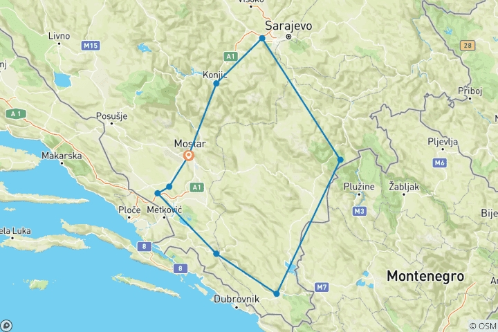 Carte du circuit Bosnie. Circuit découverte de 5 jours au départ de Mostar. Visitez Sarajevo, Trebinje et plus encore. Découvrez Medjugorje ! Sites de l'UNESCO, nature intacte et histoire profonde. Héritage ottoman et austro-hongrois. Scène animée. Cuisine inoubliab…