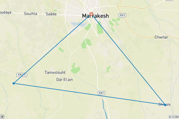 Mapa de Ruta en bicicleta de 2 días por Medina, el desierto de Agafay y la experiencia del azafrán de Ourika