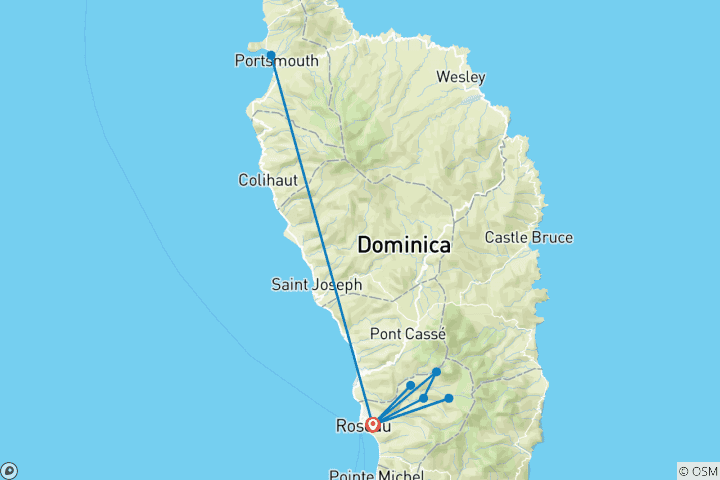 Carte du circuit Geluxe : Dominique : Cascades, pics volcaniques et culture kalinago