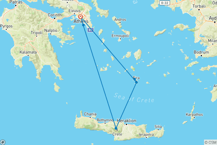 Carte du circuit Vacances de luxe en famille en Grèce - Les meilleurs centres de villégiature à Athènes, en Crète et à Santorin 10 jours/9 nuits