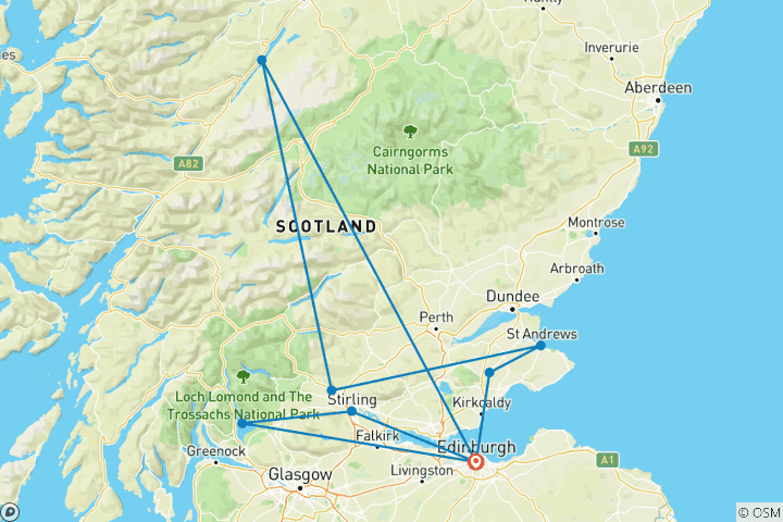 Carte du circuit 7 jours à Édimbourg : Les Highlands, le Loch Ness, le train Harry Potter et l'aventure des châteaux écossais