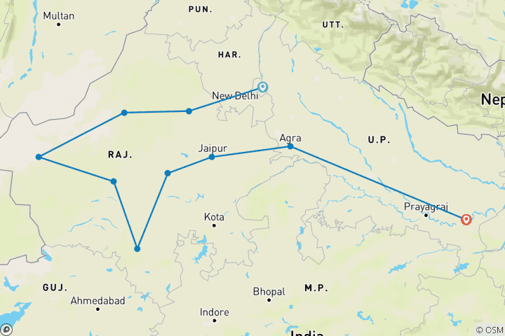Karte von 15 Tage Rajasthan Heritage Reise mit Taj Mahal & Varanasi