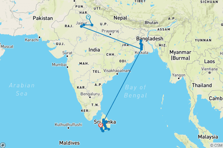 Karte von Ultimatives Indien und Sri Lanka 2026 - Delhi nach Galle, 2027 - Delhi nach Negombo (2027)
