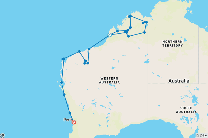 Map of Kimberley and West Coast Adventure by 4WD Broome to Perth 23 days - 2027 (2027)