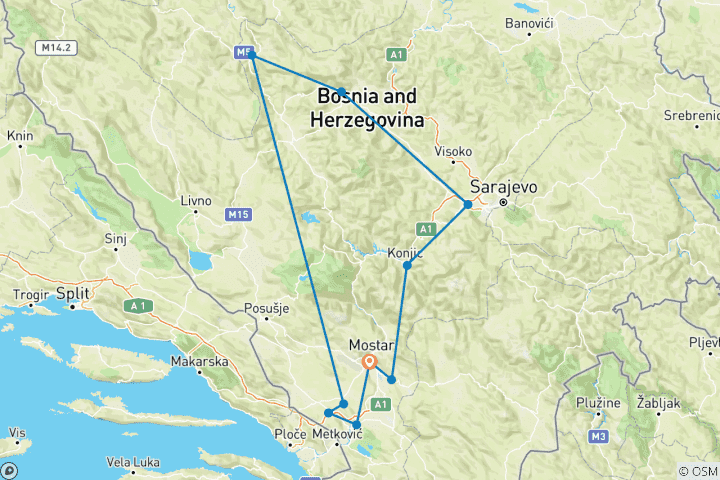 Carte du circuit Bosnie : Circuit découverte de 7 jours au départ de Mostar. Découvrez Sarajevo, Medjugorje et bien plus encore ! Visitez des sites de l'UNESCO, des forteresses médiévales, une nature splendide et une histoire profonde. Héritage ottoman et austro-hon…