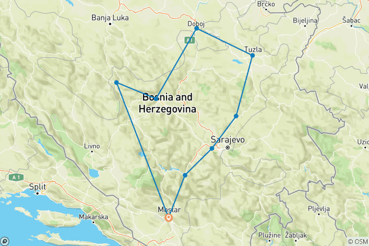 Carte du circuit Bosnie : Circuit découverte de 8 jours au départ de Mostar. Visitez Sarajevo, Jajce et bien plus encore ! Profitez des forteresses médiévales, d'une nature intacte, d'une histoire profonde et d'une immersion culturelle. Héritage ottoman et austro-ho…