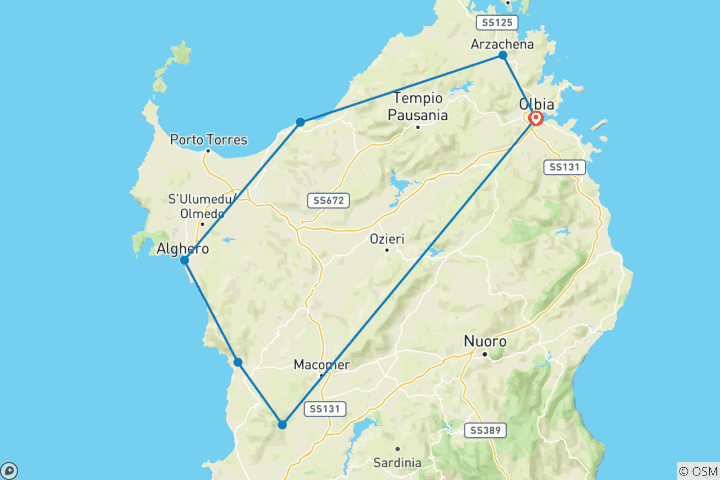 Karte von Sardinien Mietwagenrundreise