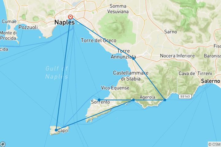 Carte du circuit 6 jours au départ de Naples : Pompéi, le Vésuve, la côte amalfitaine, Sorrente, Positano et l'île de Capri