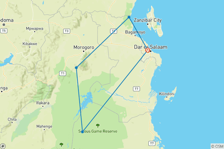 Mapa de Joyas ocultas del sur de Tanzania - Safari de 5 días