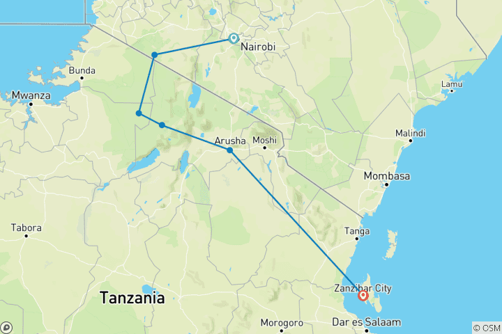 Mapa de Expedición de safari y playa: 12 días por Kenia, Tanzania y Zanzíbar.