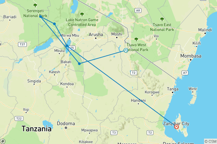 Carte du circuit 12 jours de safari en Tanzanie et de lune de miel à Zanzibar