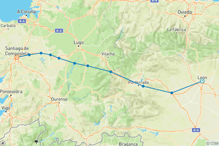 Mapa de El Camino de Santiago en bicicleta (9 días)