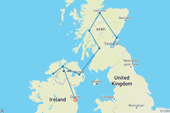 Kaart van Ontdekkingstocht door Schotland & Ierland – incl. de Royal Edinburgh Military Tattoo – van Edinburgh naar Dublin